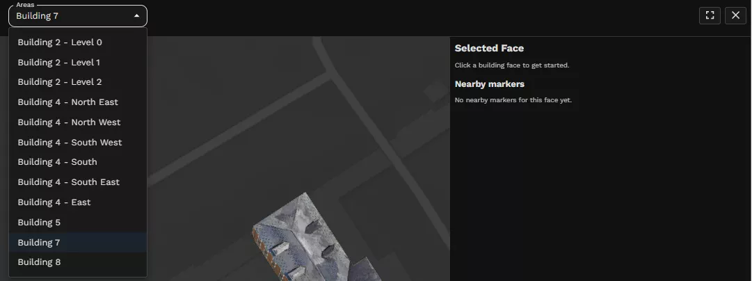 selecting an area from the facade viewr dropdown Selecting an Area