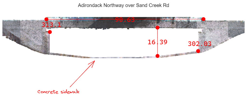 Cross-section of bridge with measurements and text markup