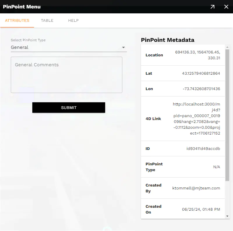 PinPoint Menu Attributes tab for a new pinpoint