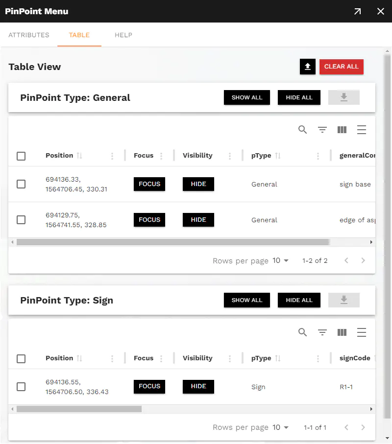 PinPoint Menu Table tab example