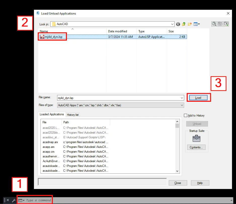 Load the mj4d_dyn.lsp file in AutoCAD