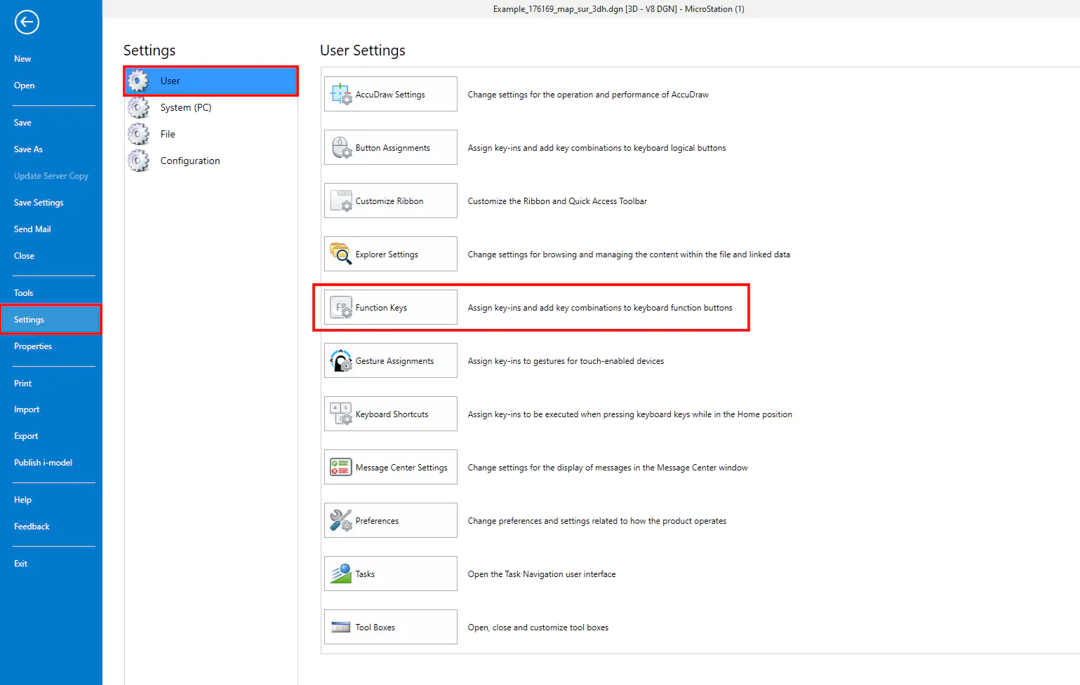Navigate to Function Key shortcut in MicroStation Connect