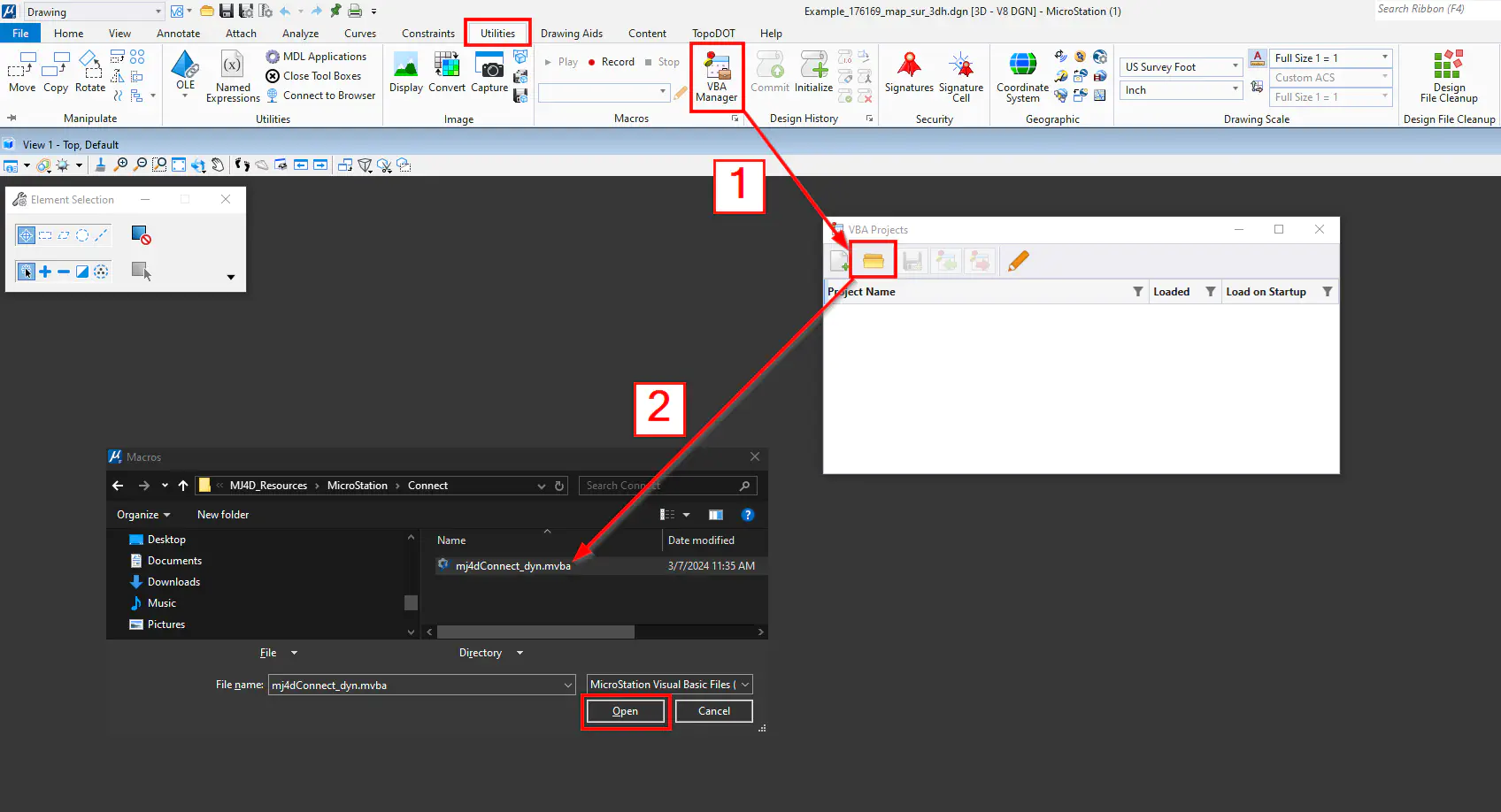 Load the mj4dConnect_dyn.mvba file in MicroStation Connect