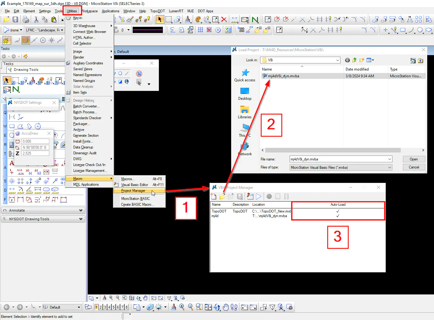 Load the mj4dV8i_dyn.mvba file in MicroStation V8i